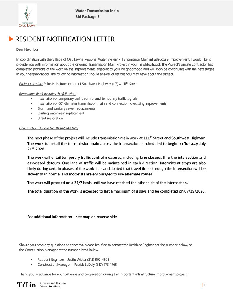 Image of Palos Hills Resident Notification Letter for Village of Oak Lawn Water Infrastructure Improvements at 111th Street & Southwest Highway